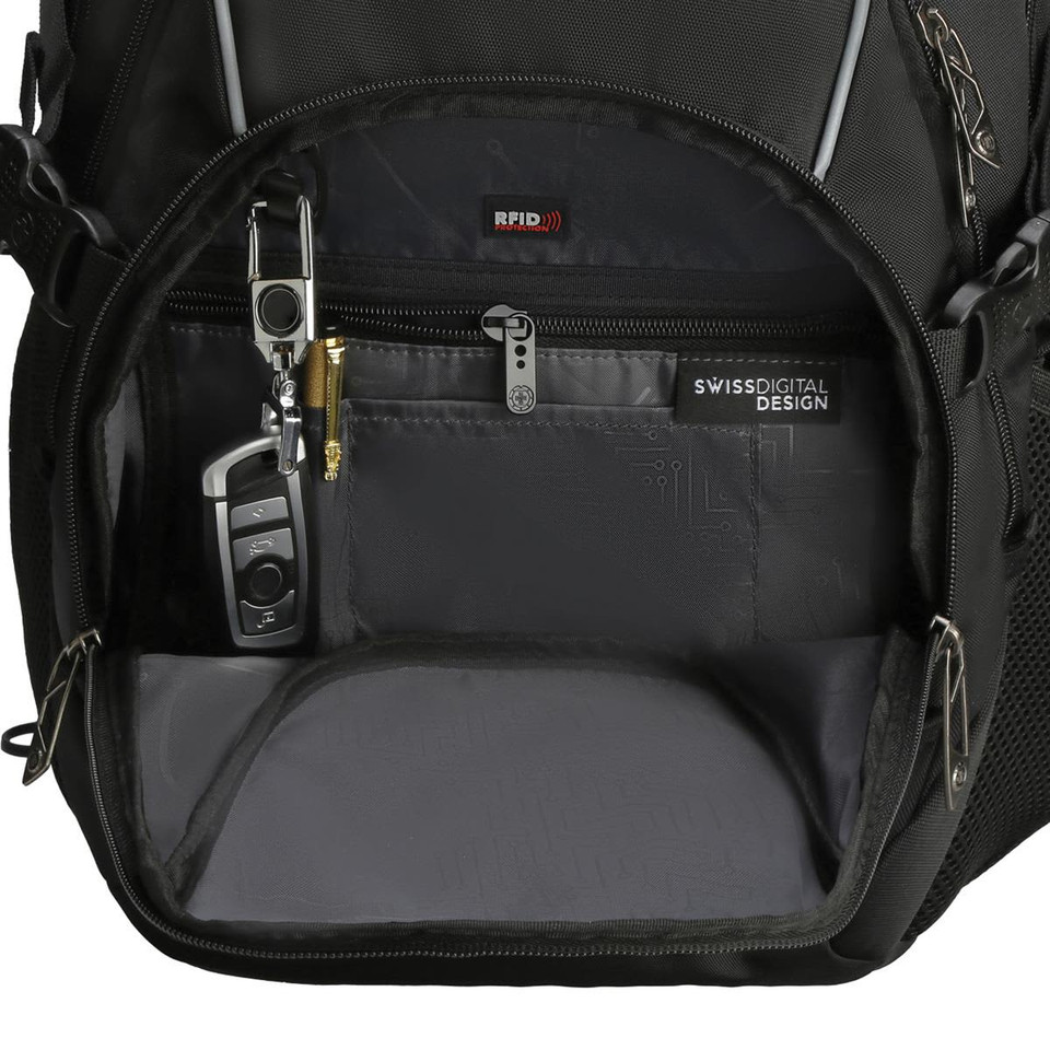 An interior view of a black backpack showing multiple pockets, a keychain, and RFID protection features.