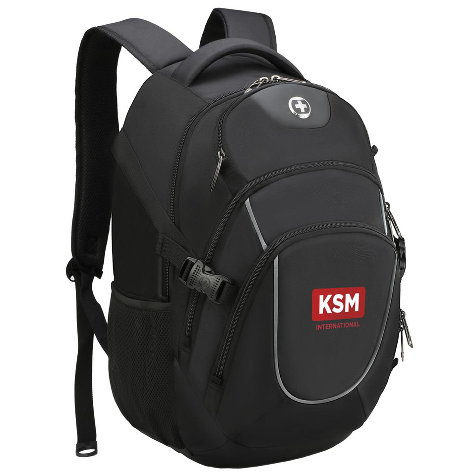 A black Swissdigital Stealth Vector Backpack with multiple compartments and a logo. Features padded shoulder straps.