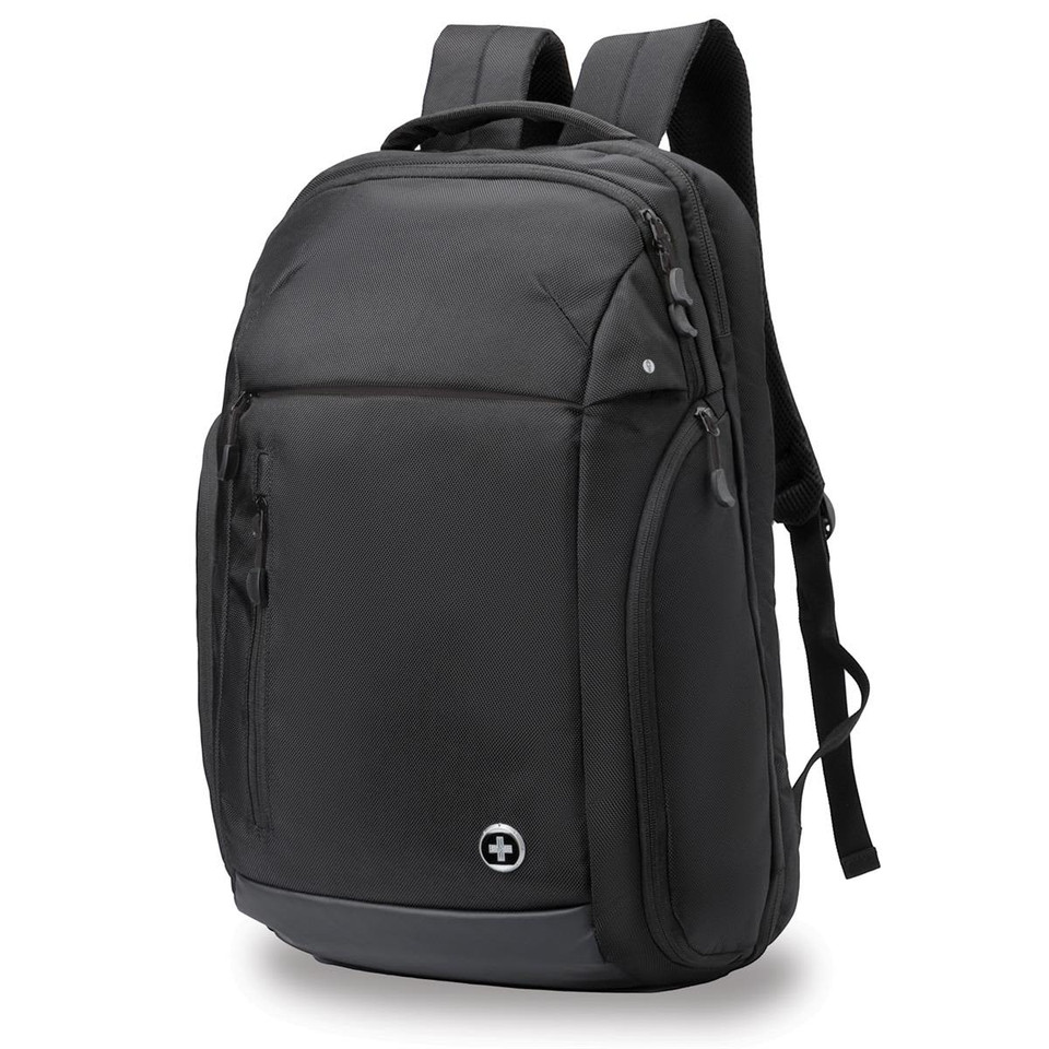 A black backpack with multiple compartments and a logo on the front, featuring padded shoulder straps.