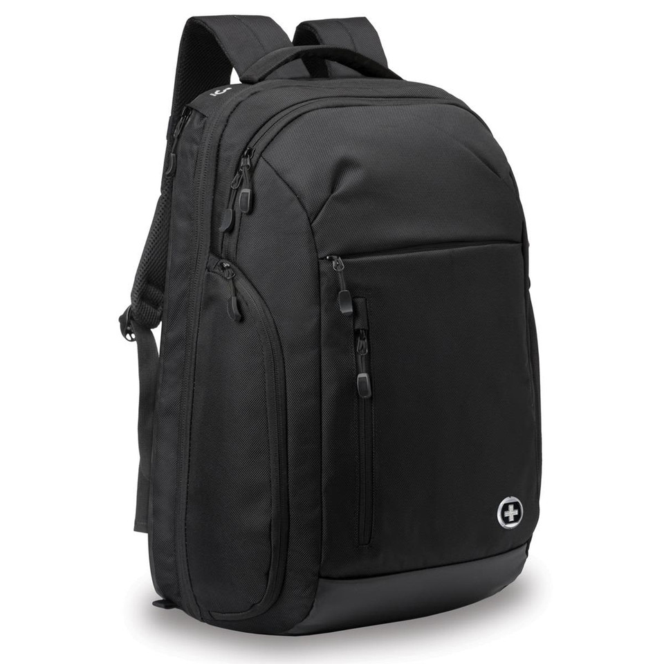 A black backpack with multiple compartments, featuring a logo and padded shoulder straps.