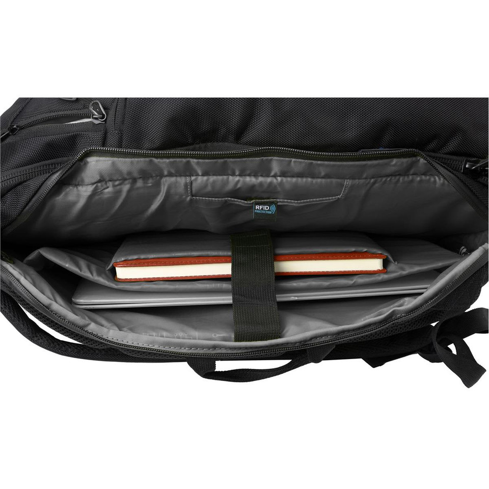 A black backpack interior featuring a laptop compartment, a notebook, and grey lining. It has a logo visible inside.