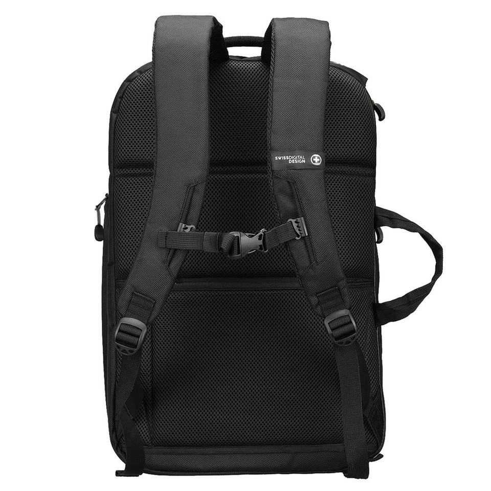 A black backpack with padded straps and a mesh back panel, featuring a logo and adjustable buckles.