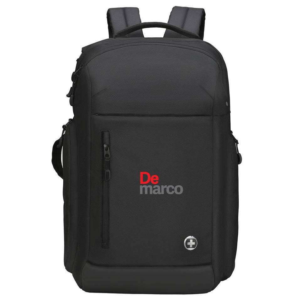 A black backpack with multiple compartments and padded shoulder straps, featuring a logo on the front.