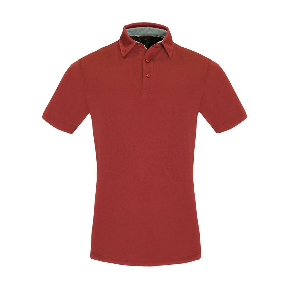 A red men's polo shirt with a classic collar and a logo on the chest area.