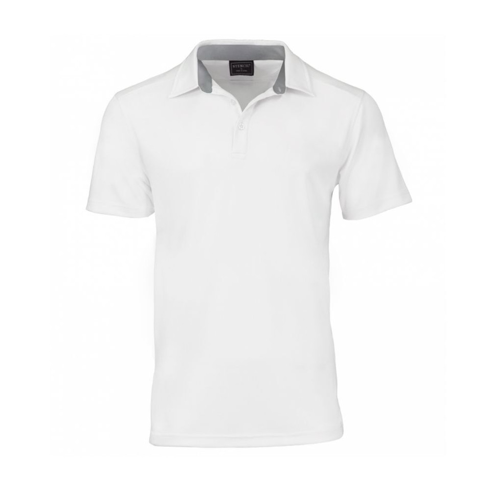 A white men's polo shirt with a collar and a branding logo. Suitable for casual or semi-formal wear.