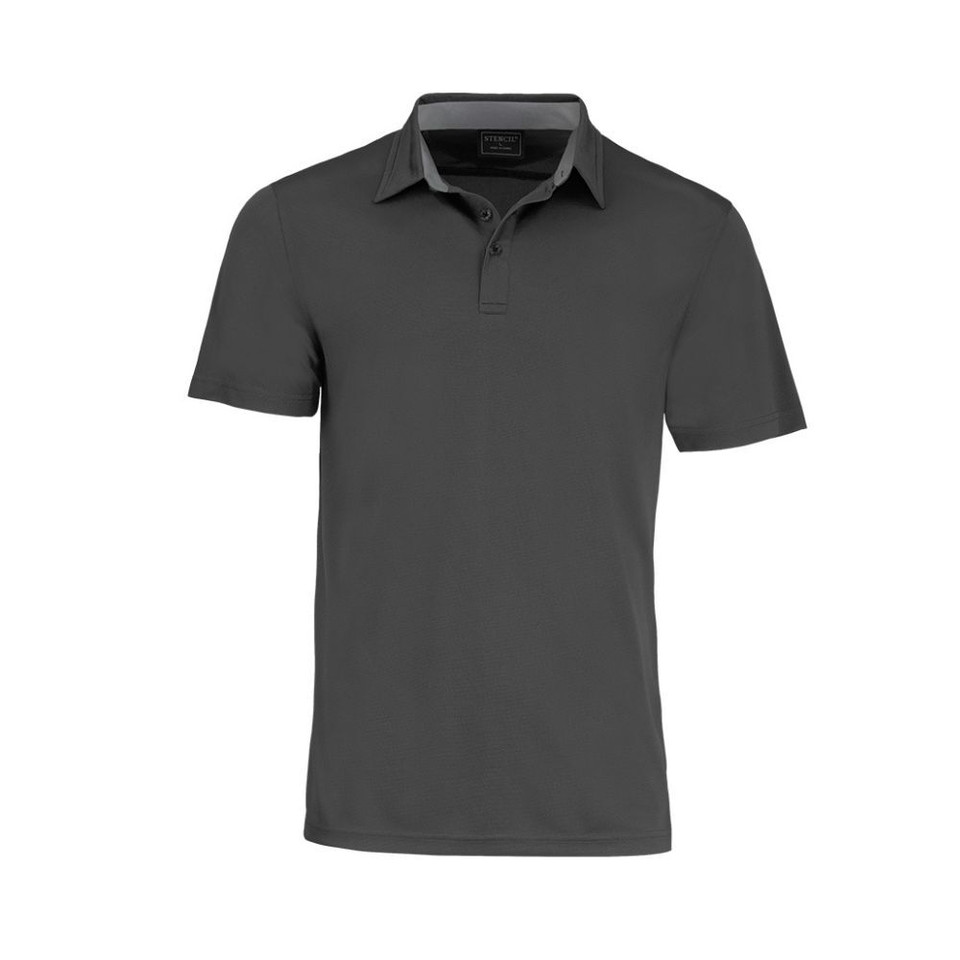 A grey polo shirt with a classic collar and a logo on the chest. Short sleeves and a simple design.