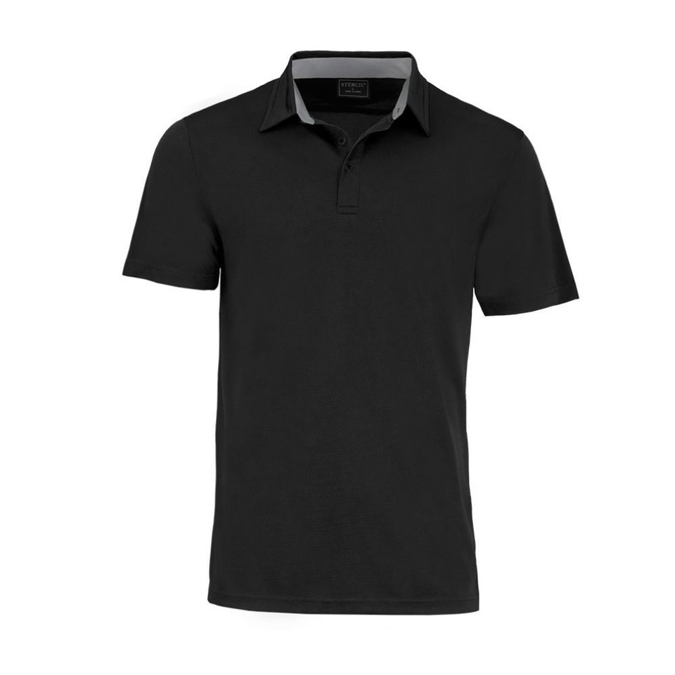 A black polo shirt with a contrasting collar and a logo on the chest. Short-sleeved design.