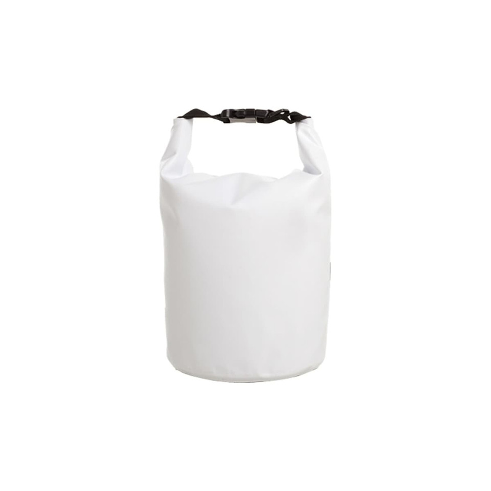 A waterproof dry bag in white with a black strap, featuring a logo. Ideal for keeping items dry.