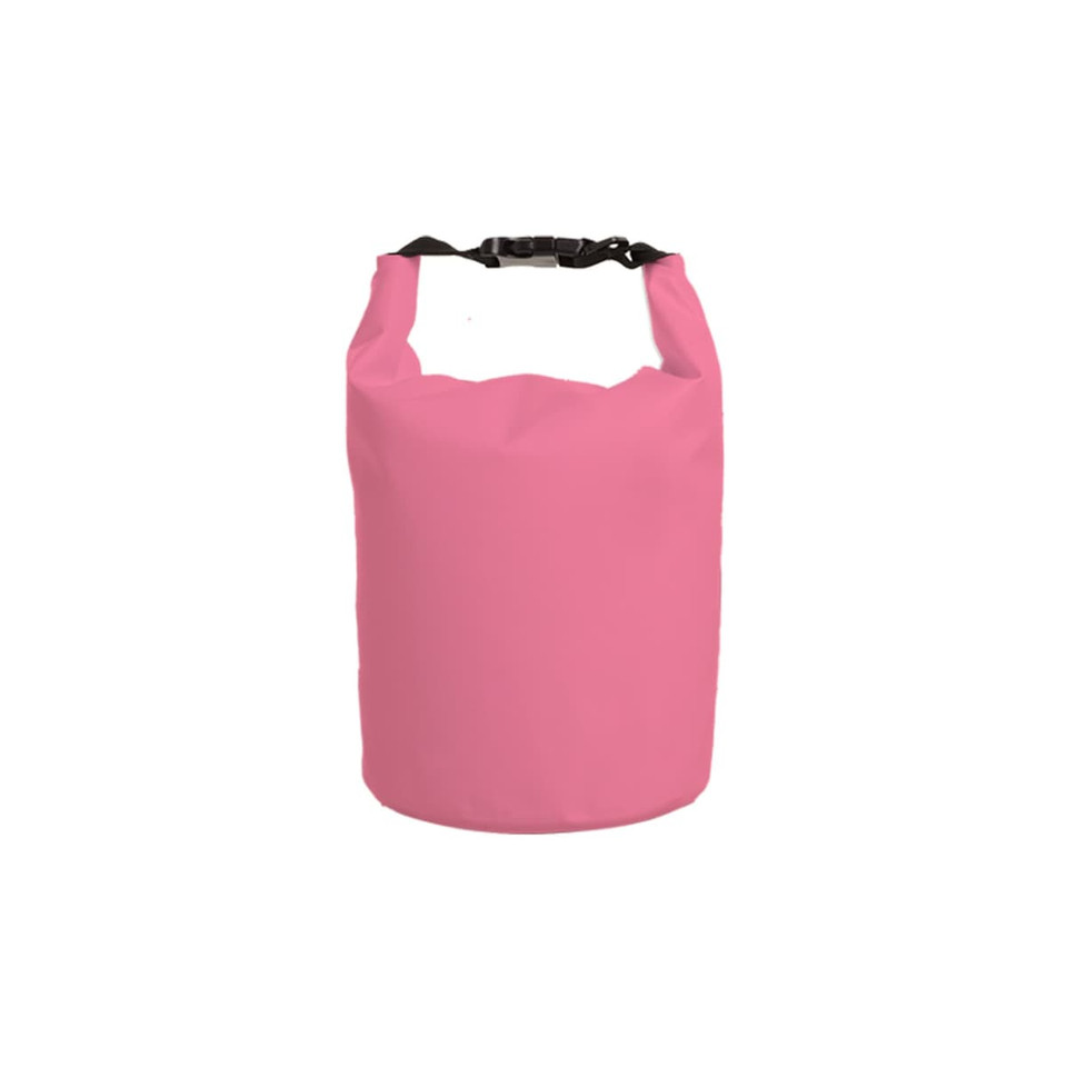 A pink waterproof dry bag with a strap at the top and a logo displayed.