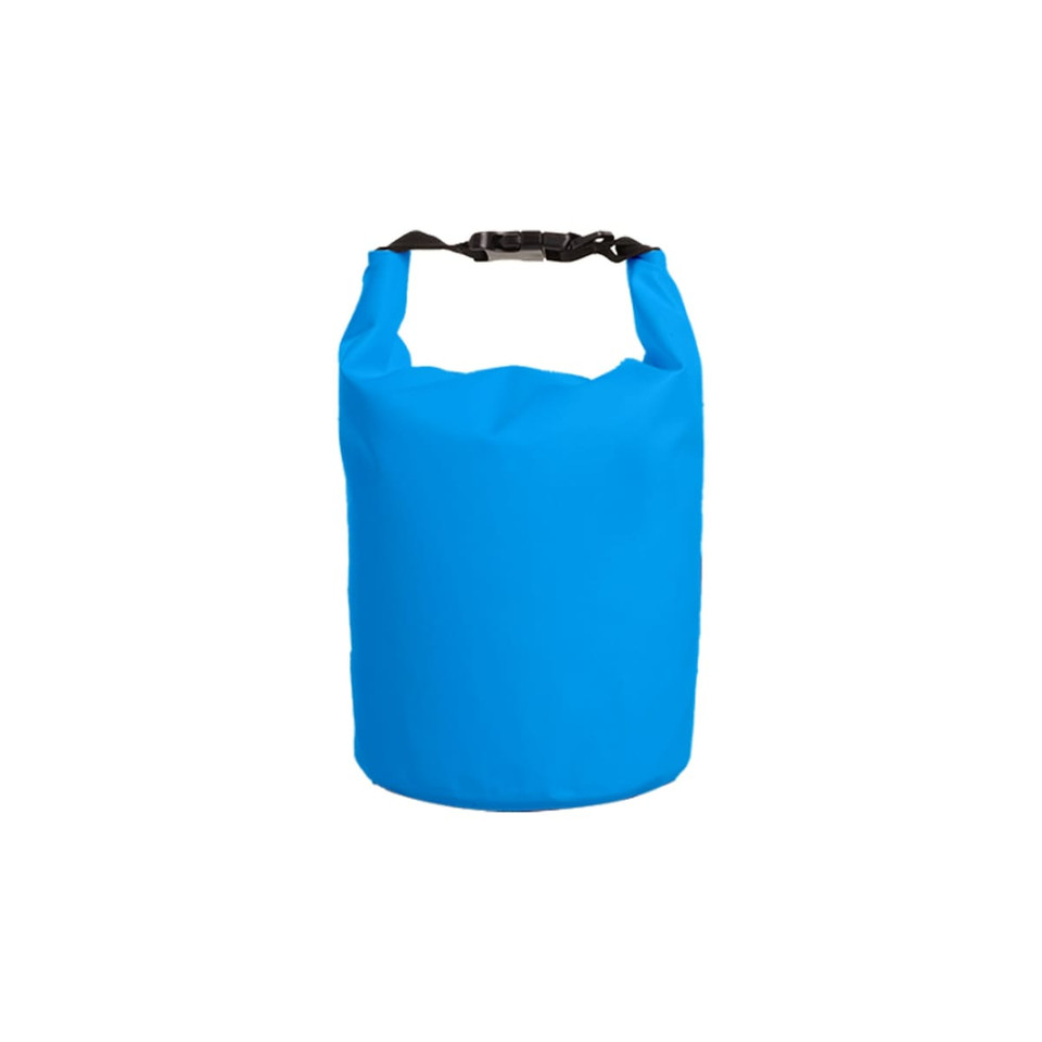 A waterproof dry bag in bright blue, featuring a buckle closure and a solid, cylindrical design.
