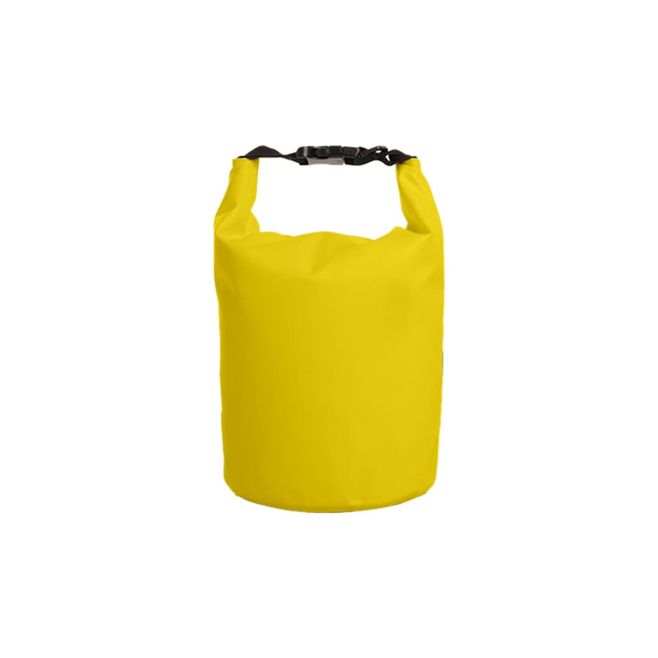 A yellow waterproof dry bag with a black strap and buckle closure, designed for keeping contents dry.