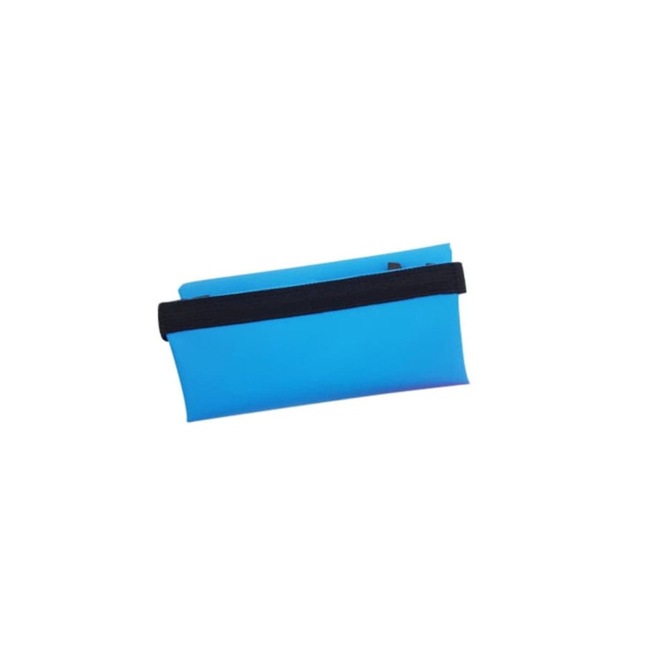 A waterproof dry bag in bright blue with a black strap, designed for keeping items dry.