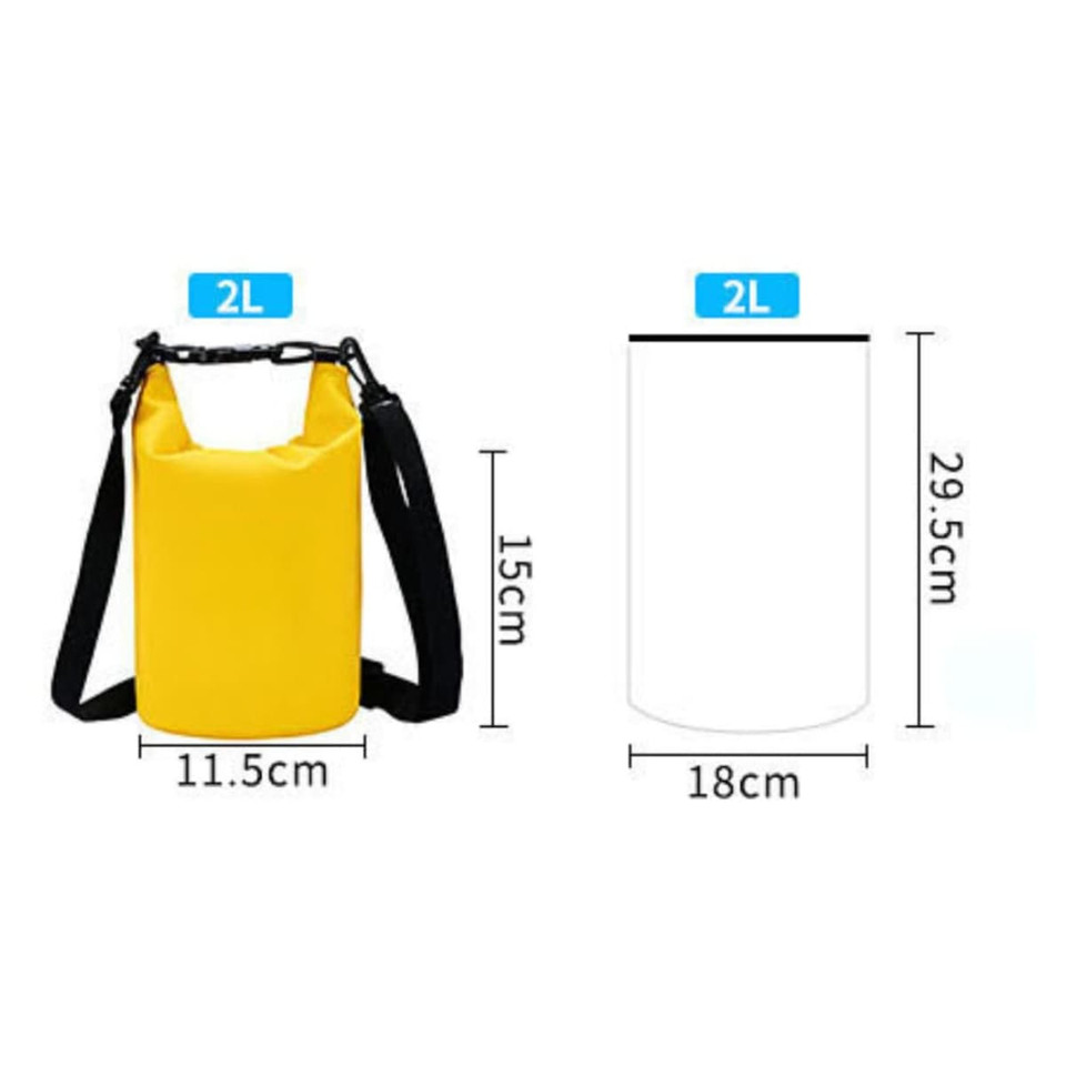 A yellow waterproof dry bag with a black strap, featuring cylindrical shape and dimensions of 11.5cm x 15cm.
