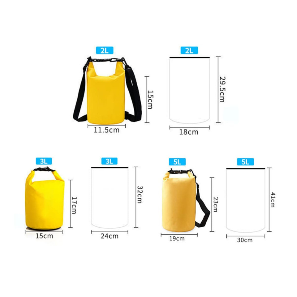 A waterproof dry bag in yellow, available in various sizes from 2L to 5L, featuring adjustable straps and a logo.