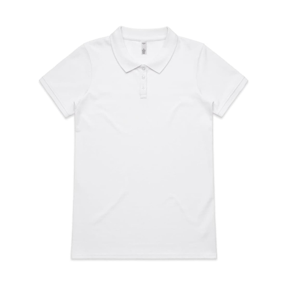 A white polo shirt with a collar and three buttons. It features a logo on the upper left side.