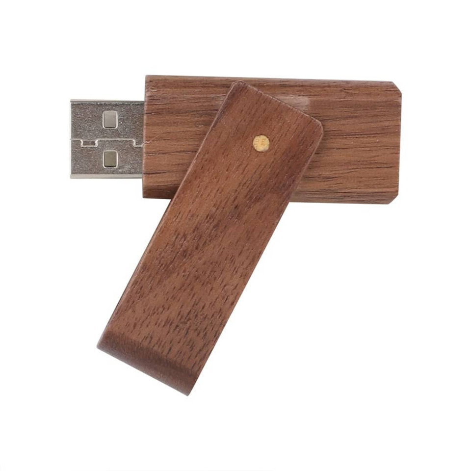 A wooden flash drive in a natural brown finish, with a sliding mechanism and a metallic connector. Features a logo.