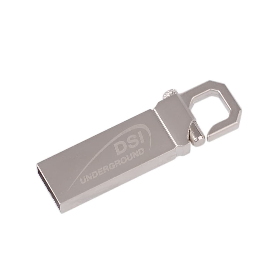 A silver flash drive with a loop attachment and branding on the side.
