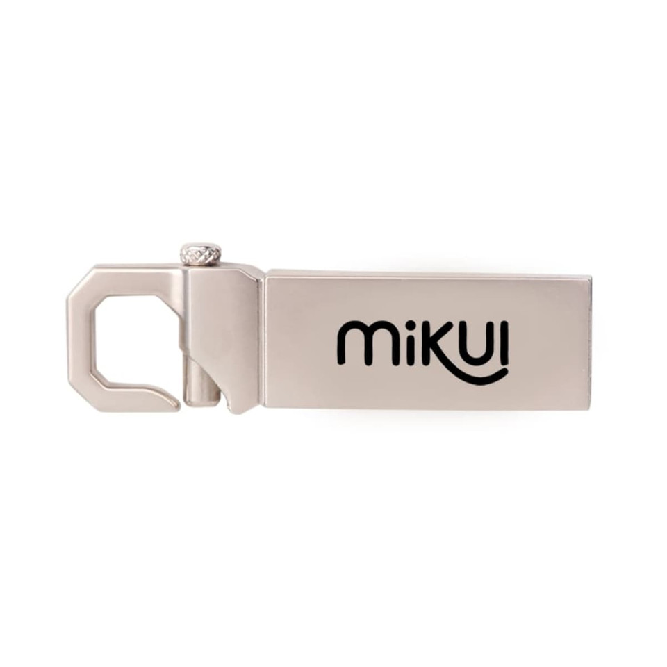 A silver flash drive with a unique design and a logo on one side, featuring a clip for easy attachment.