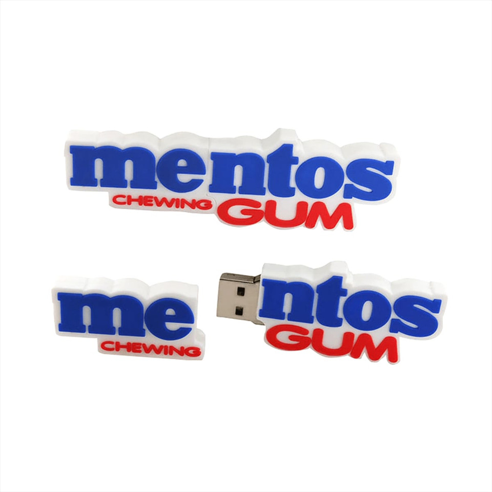 A white and blue USB flash drive shaped like the Mentos gum logo, featuring the words "mentos" and "GUM."