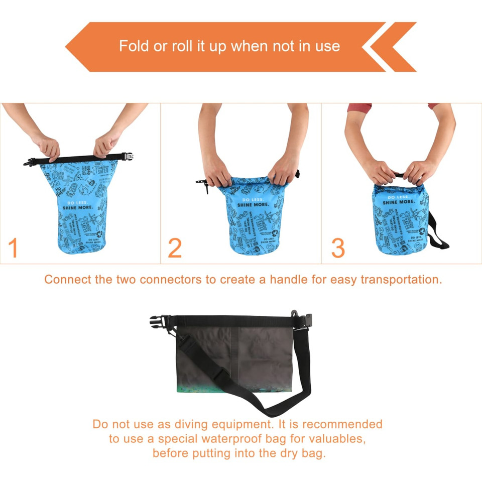 A blue full colour dry bag with a black handle, featuring various patterns, and equipped with connectors for easy transport.
