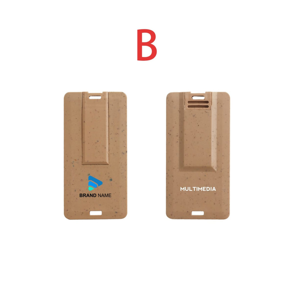 A wheat straw credit card flash drive in a light brown colour, featuring a logo on one side.