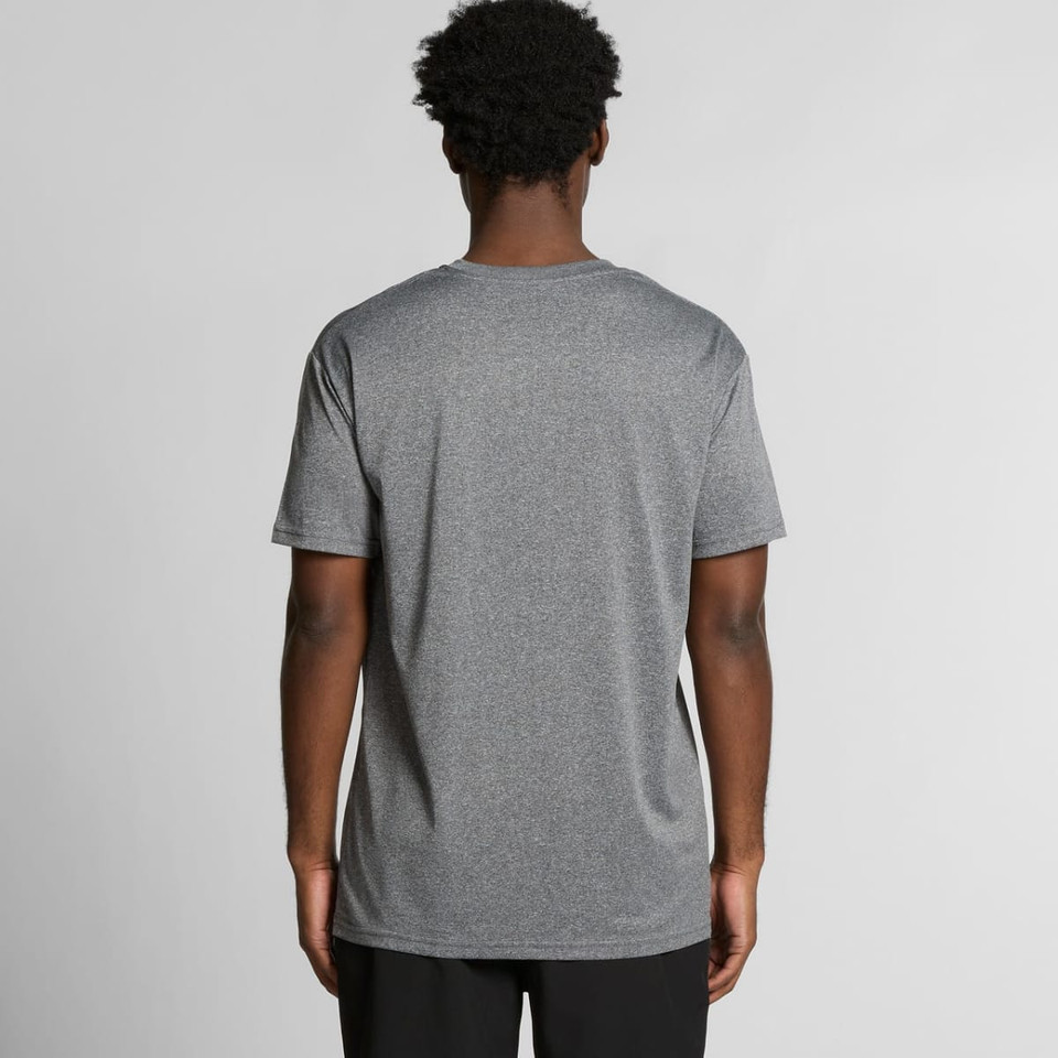 A grey athletic t-shirt with a round neckline and short sleeves. The shirt has a subtle branding detail.