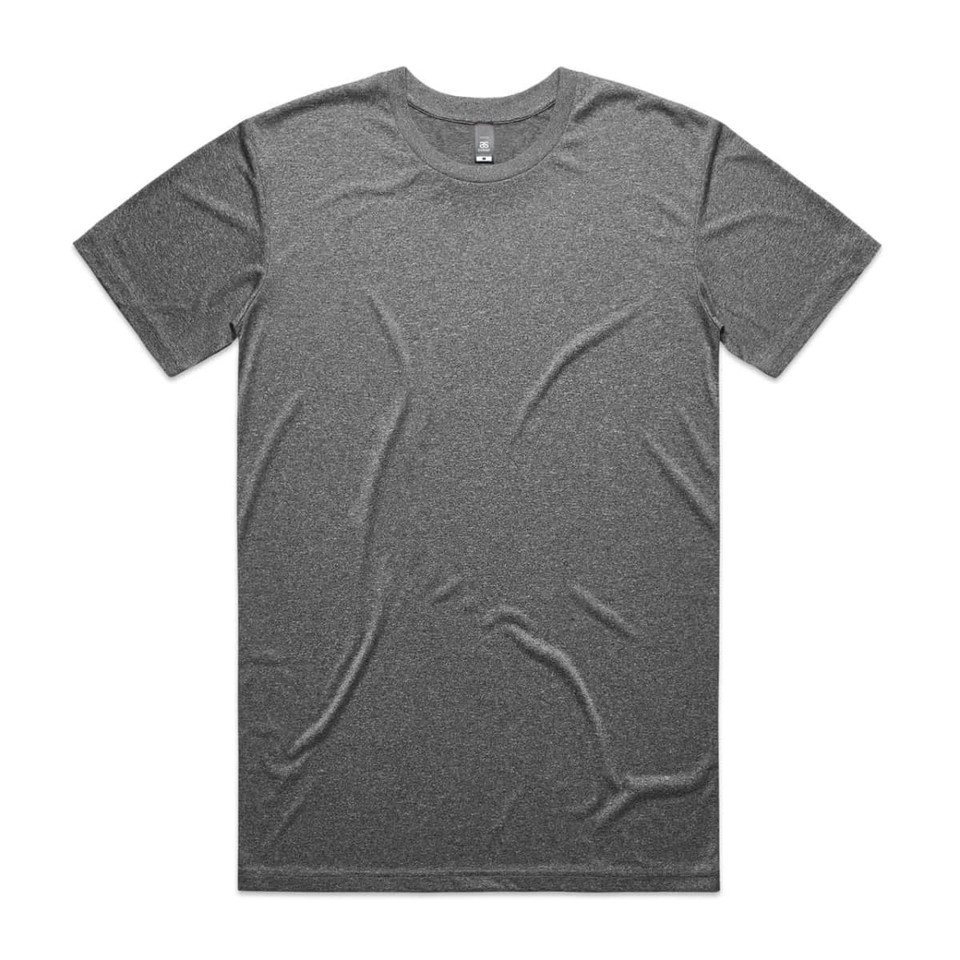 A grey active tee with a round neckline and short sleeves. The fabric has a textured finish and features a logo.