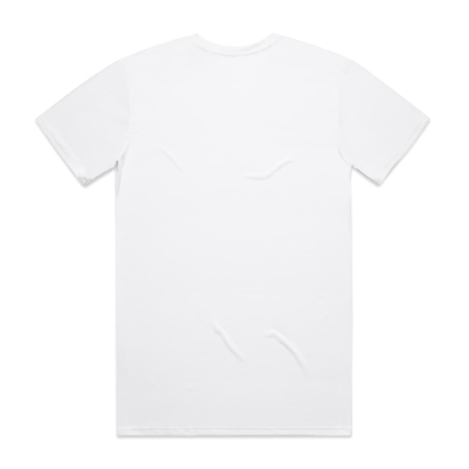 A plain white T-shirt with a standard crew neck and short sleeves, featuring a logo on the front.
