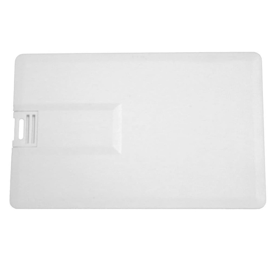 A white Superslim Credit Card USB flash drive with an 8GB capacity and a minimalist design.