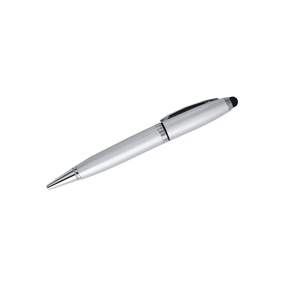 A silver 3-in-1 metal flash drive pen featuring a sleek design and a logo on the body.