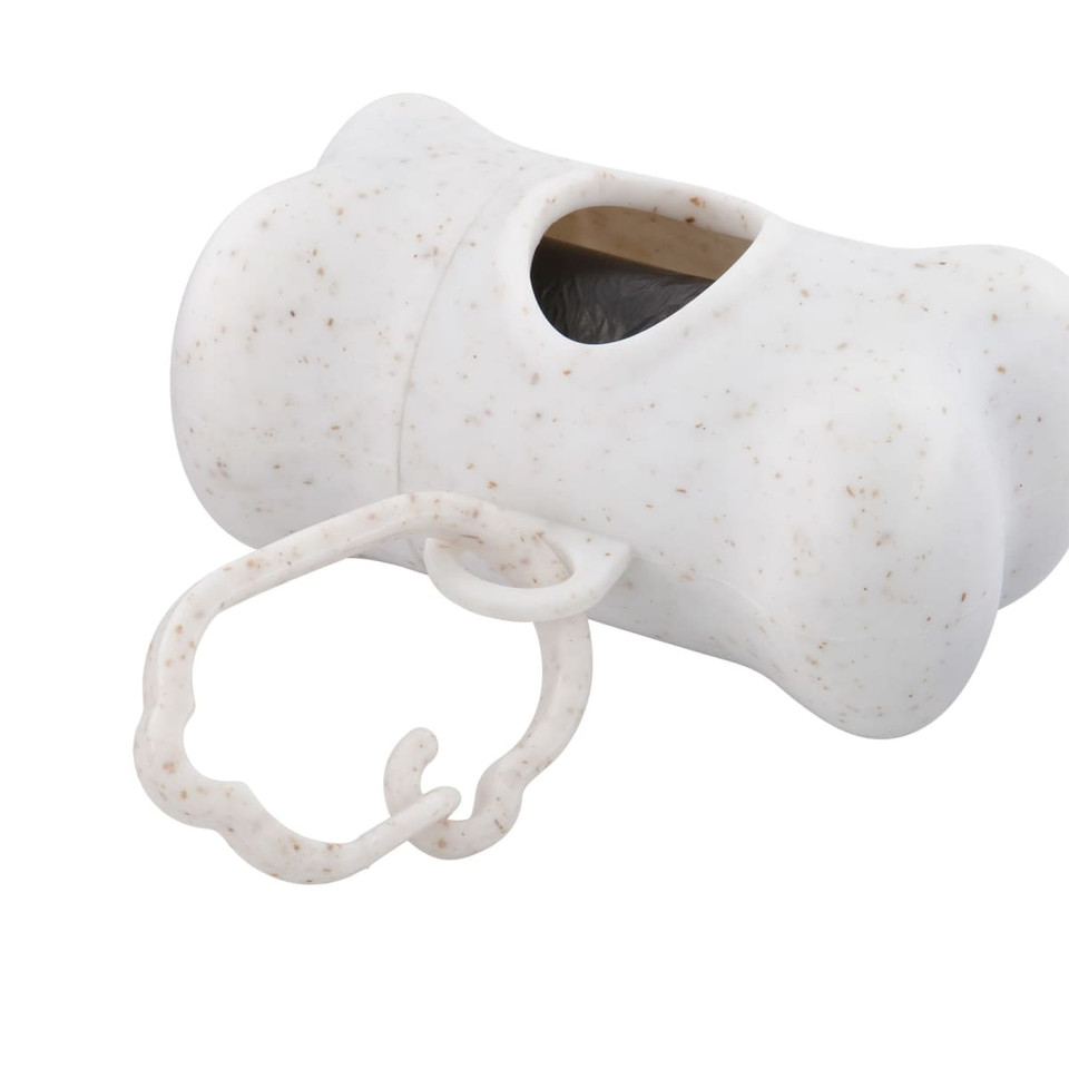 A bone-shaped dog waste bag dispenser in white with a light speckled pattern and a clip for attachment.