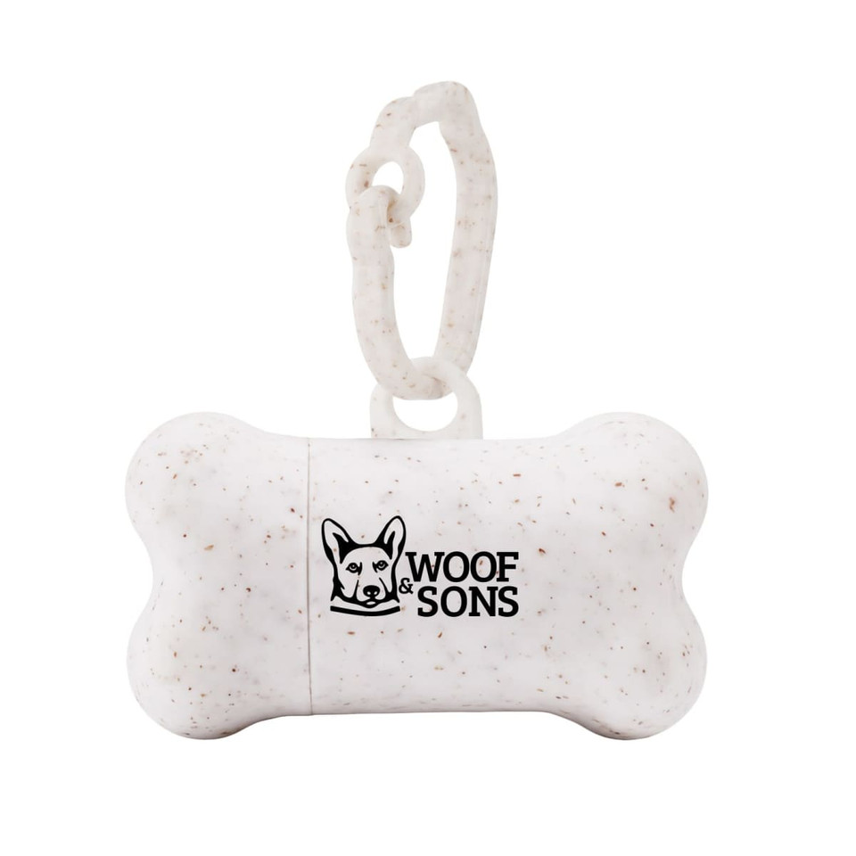 A white, speckled bone-shaped dog waste bag dispenser with a clip, featuring a logo.