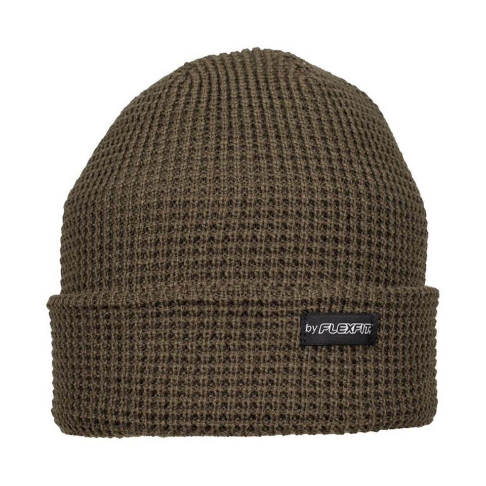 Waffle beanie in the colour olive with a small black pip label attached on the fold over