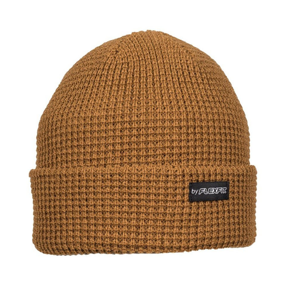 Waffle beanie in the colour coffee with a small black pip label attached on the fold over