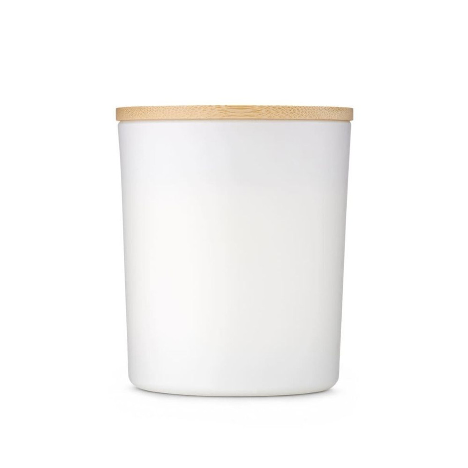A large white glass candle with a bamboo lid, designed for home and living decor.