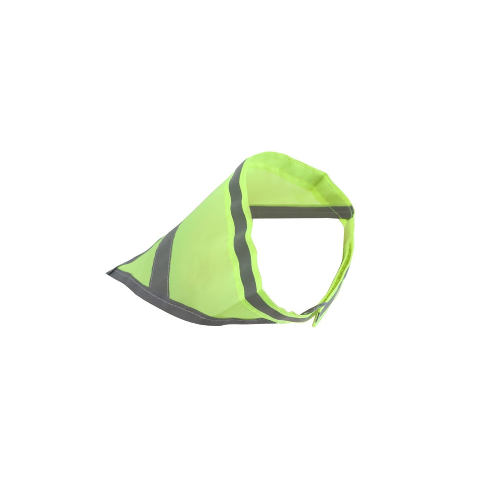 A reflective dog bandana in bright yellow and black, featuring a collar opening and a logo.