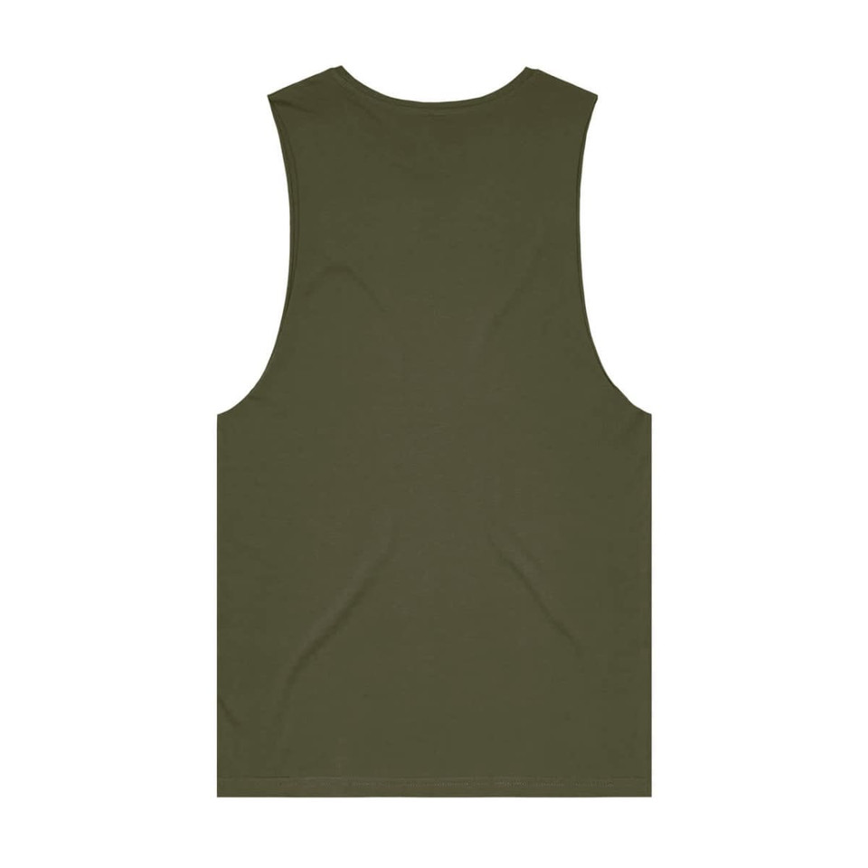 An olive green singlet tank top with a plain back design. It features a logo.