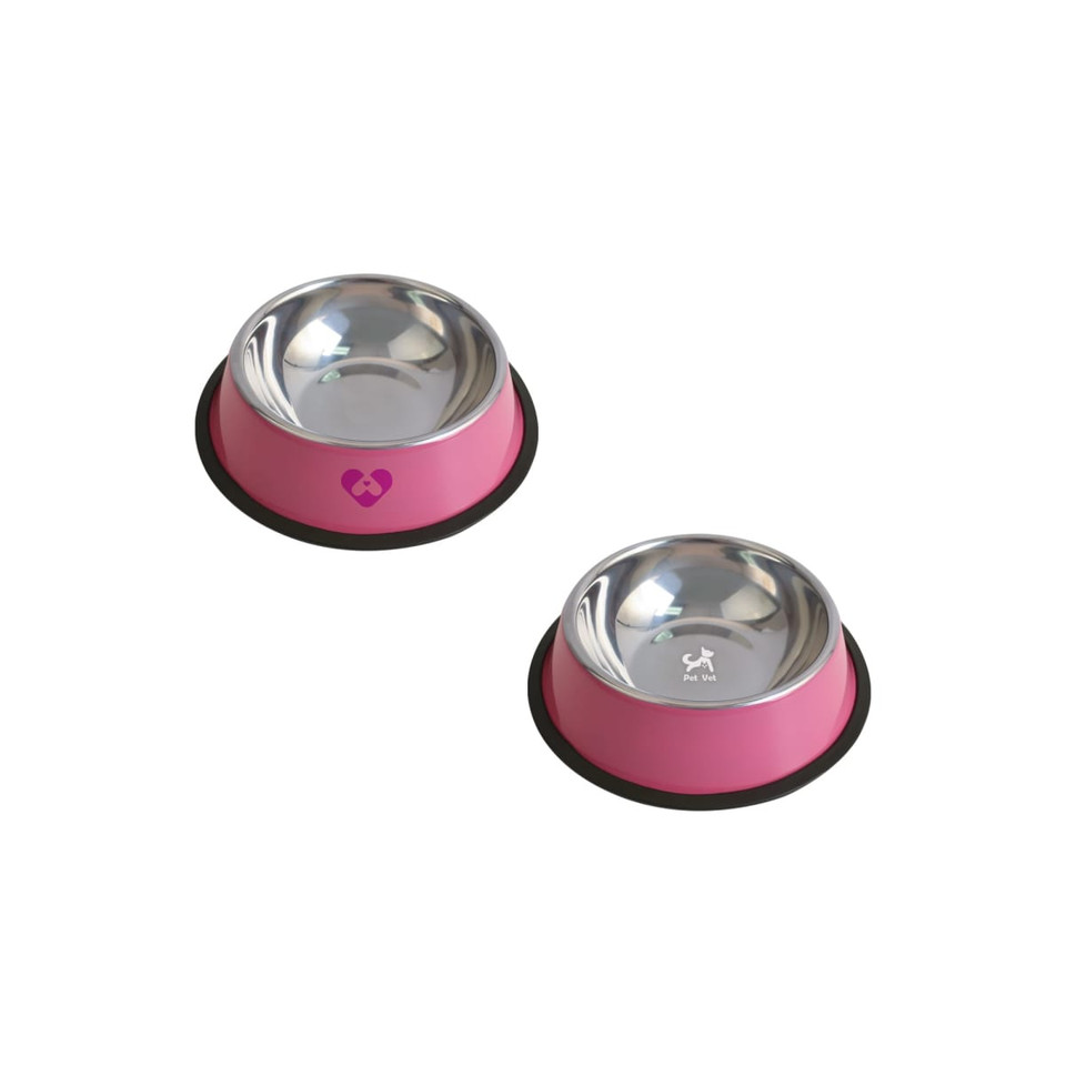A pink pet feeding bowl with a stainless steel interior and a rubber base, featuring a logo on the side.