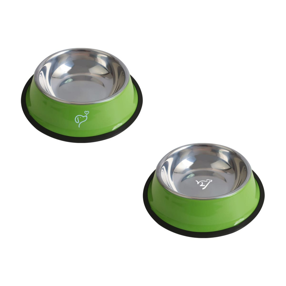 A set of two green pet feeding bowls with stainless steel interiors and a rubber base, featuring a logo on each.