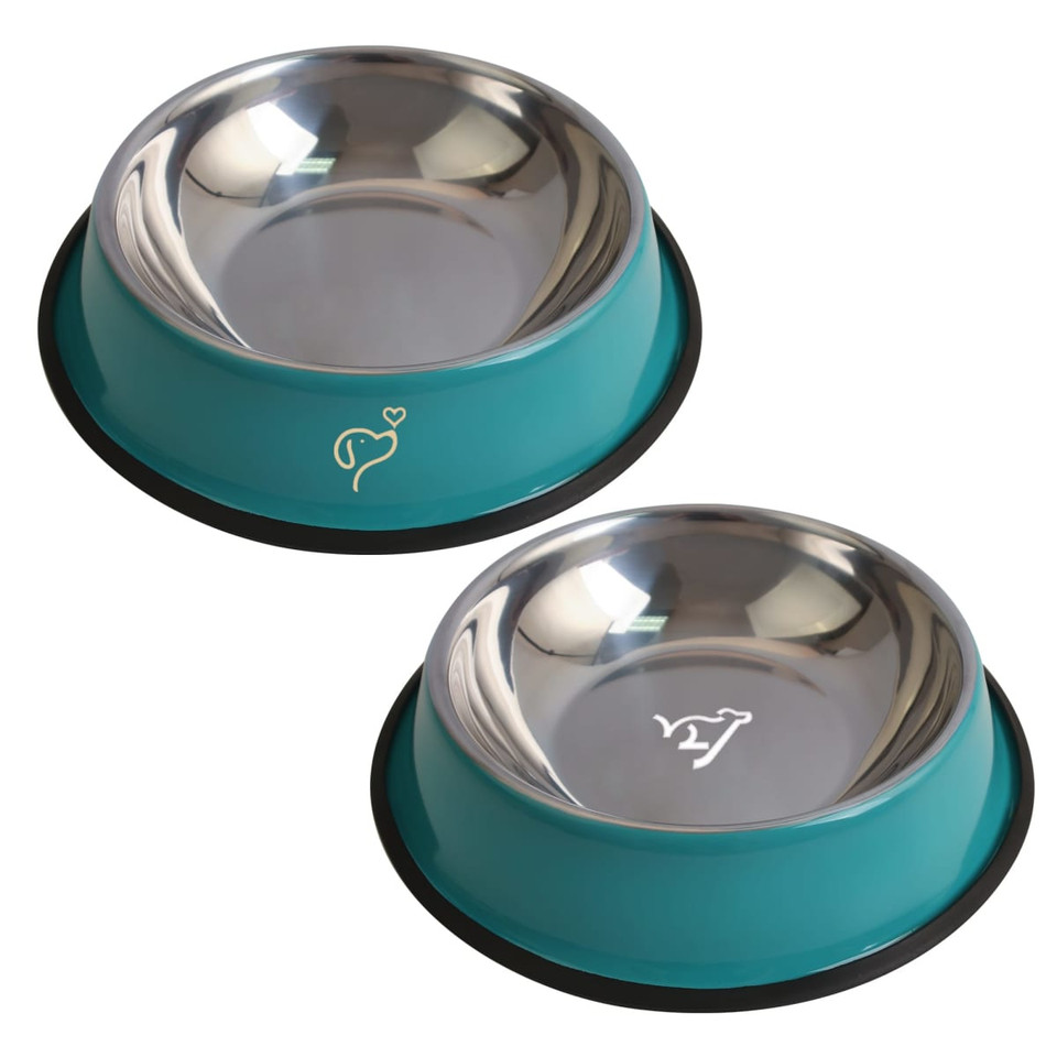 A pet feeding bowl set in teal with stainless steel inserts and a black base, featuring simple logos.
