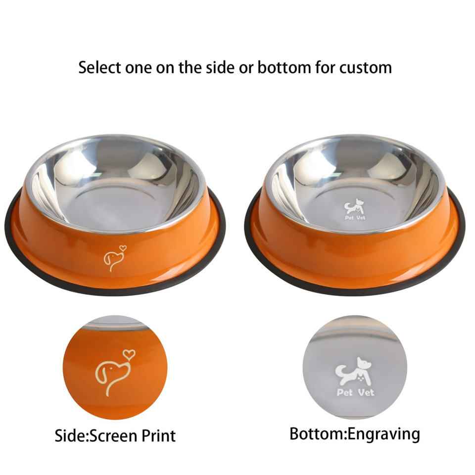 A pet feeding bowl with an orange base and stainless steel interior, featuring a logo on the bottom and customizable options.