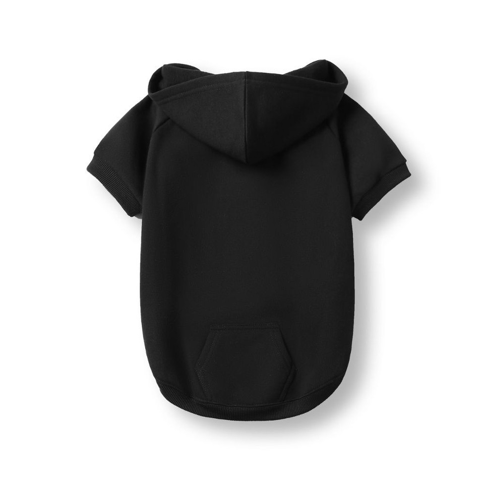 A black coloured dog hoodie shown from the underside