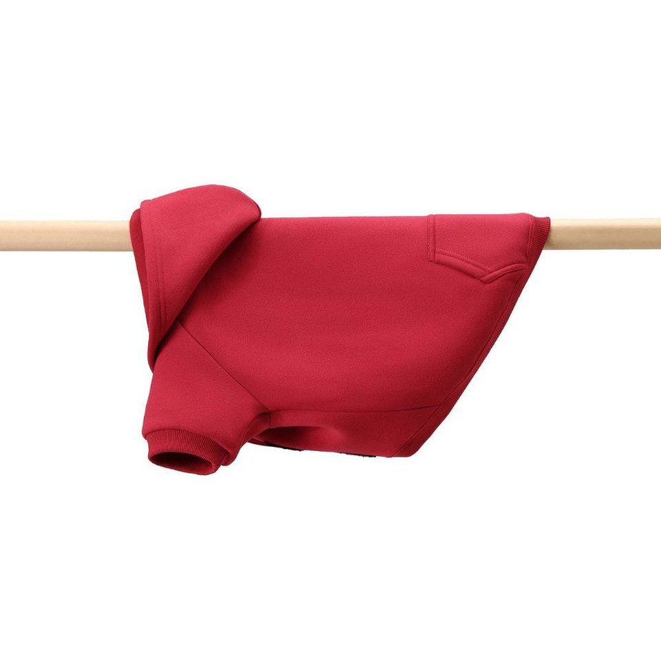 A red coloured dog hoodie shown from the underside
