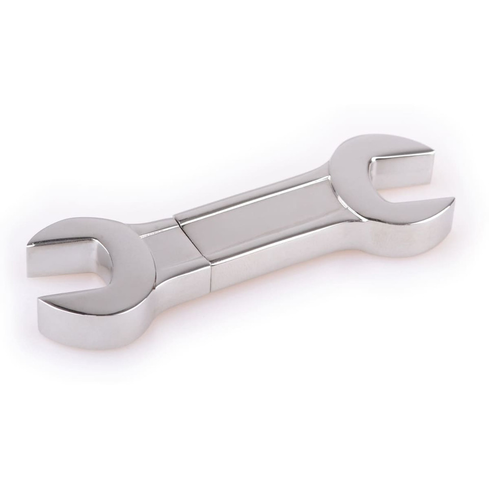 A silver dual spanner flash drive shaped like a wrench, featuring a logo on one side.