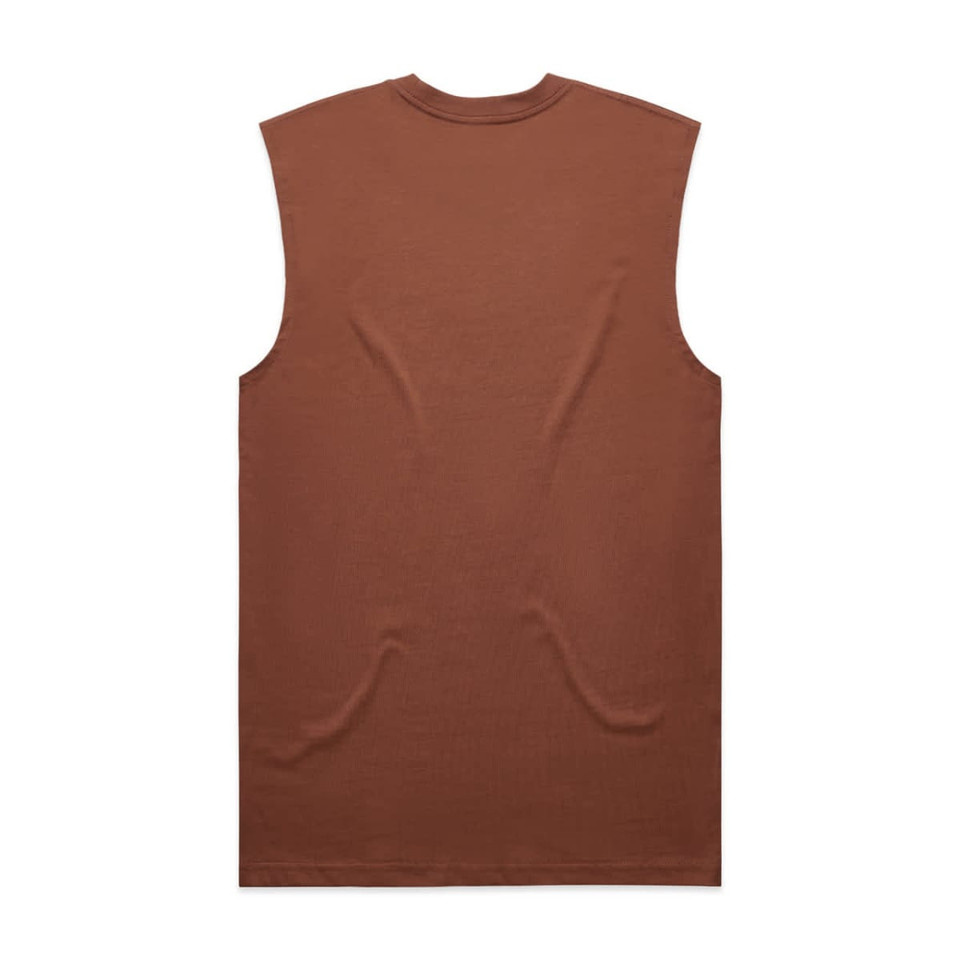 A brown sleeveless shirt with a simple design and a back view, featuring a logo on the garment.