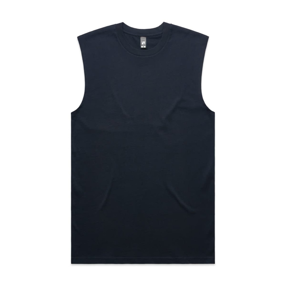 A black sleeveless tank top featuring a logo on the neck area, designed as a classic style singlet.