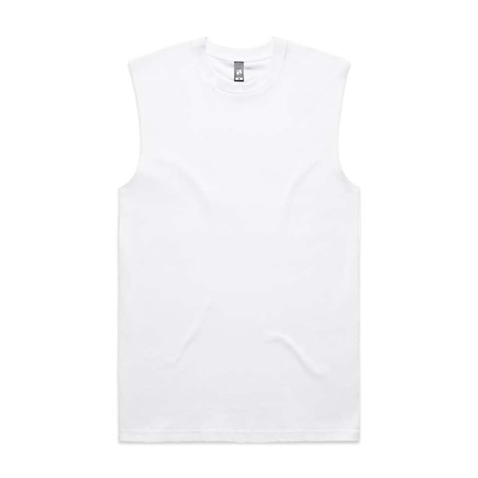 A white classic tank top with sleeveless design and a logo on the label.