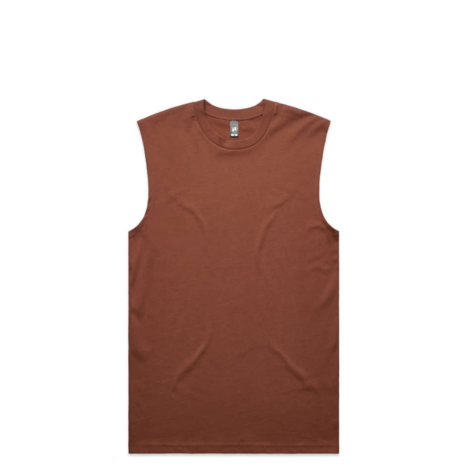 A brown sleeveless tank top with a round neckline and a tag label, featuring a simple design.