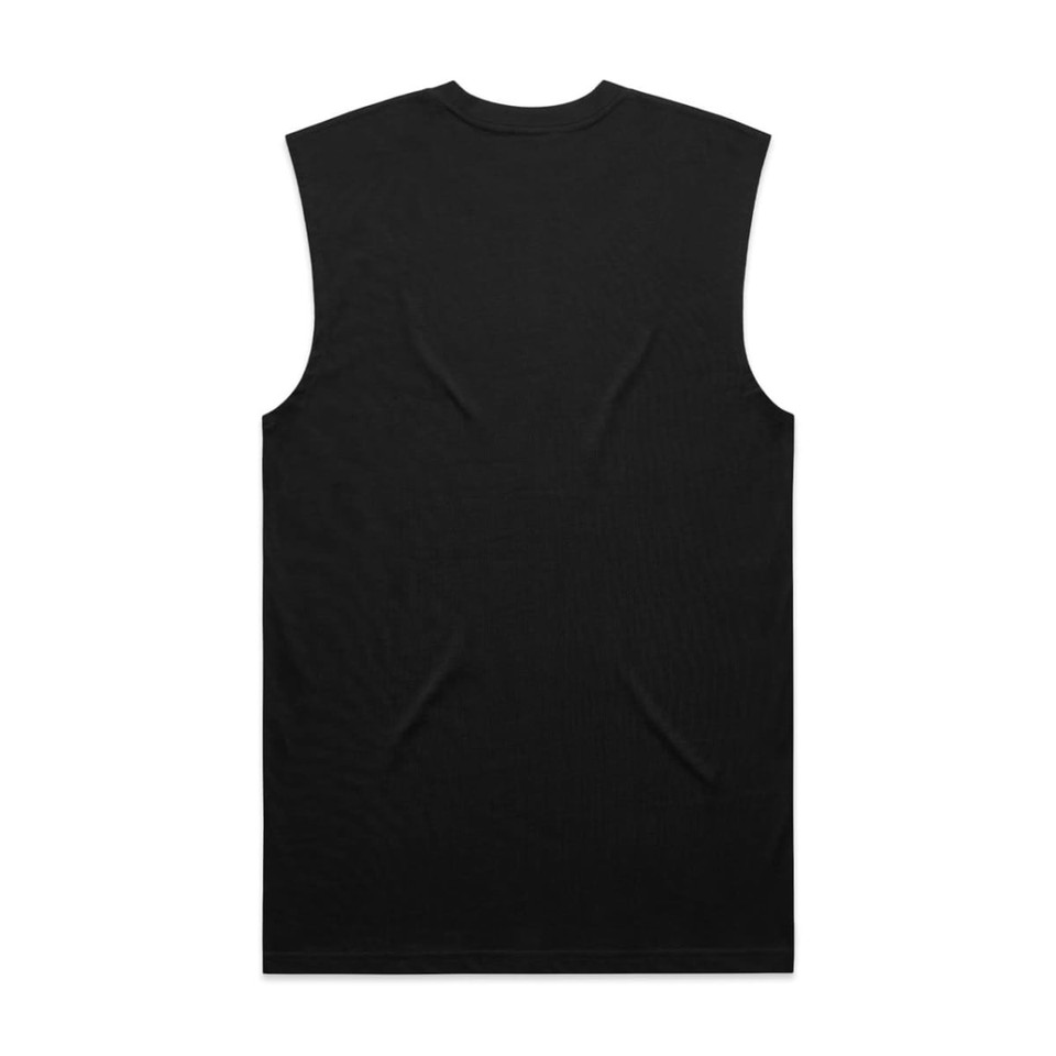A black sleeveless tank top with a smooth texture and a logo on the back.