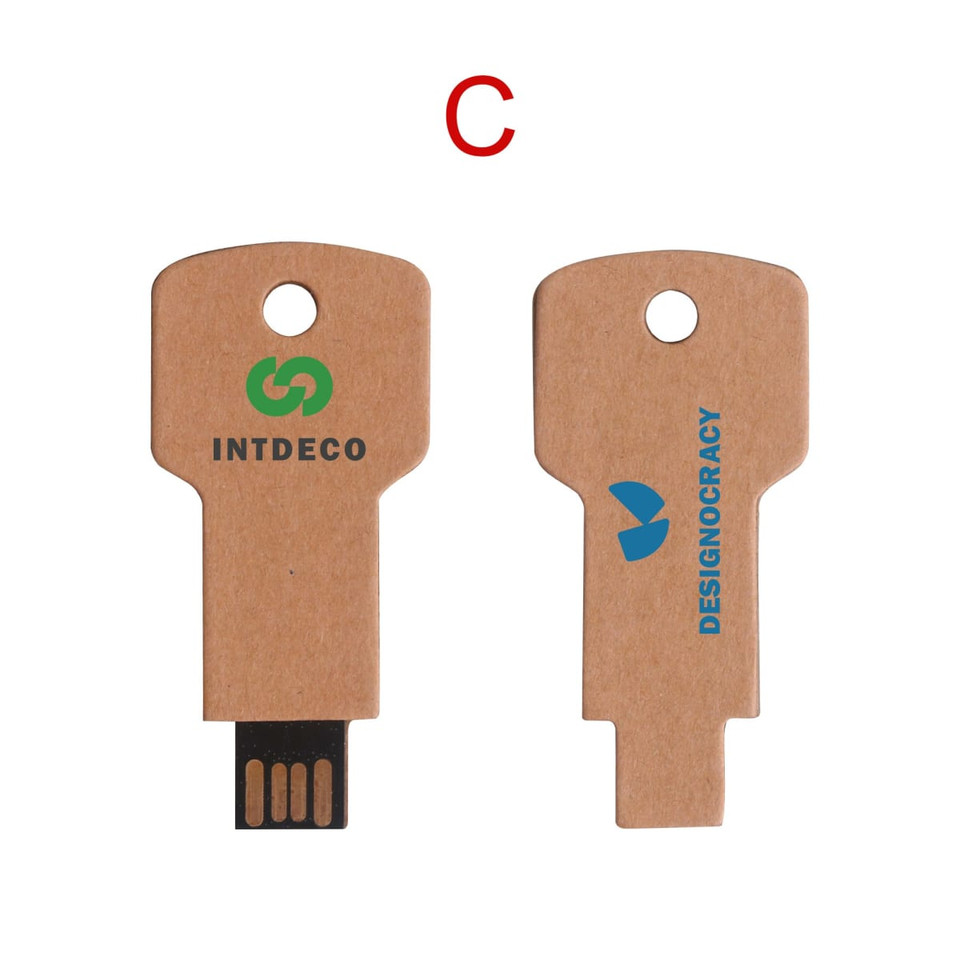 A brown eco-friendly USB flash drive in a key shape with logos on both sides.
